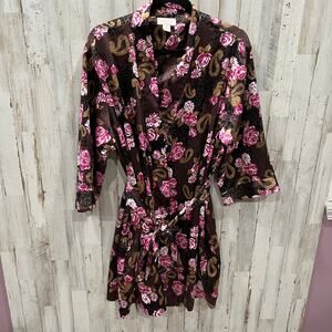 Cabernet Satin Robe Kimono Women's Brown Floral Pasiley Animal Belted Pockets XL